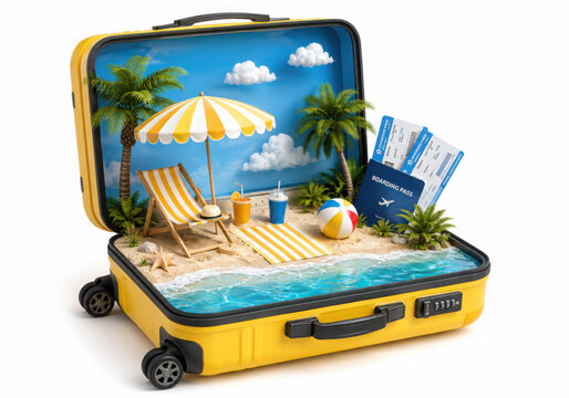 Open yellow cartoon style suitcase travel tourism tour outdoor concept. ticket passport beach umbrella chair sand sea summer holiday leisure touring location trip planning relax. 3d render