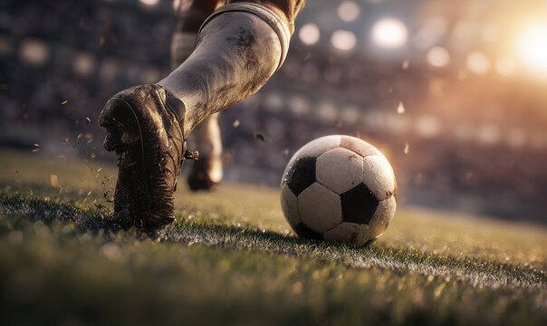 Close-up action shot of soccer player dribbling ball on grass pitch with football competition professional movement training exercise sunlight lighting tournament