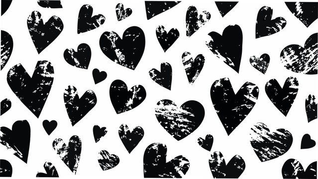 Chaotic assortment of black heart shapes on a white background a distressed vector pattern abstract