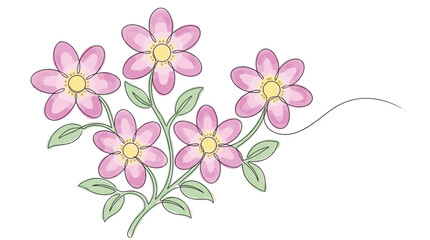 Fototapeta premium Beautiful pink daisy flowers bouquet in continuous line art style with green leaves for floral wedding designs.