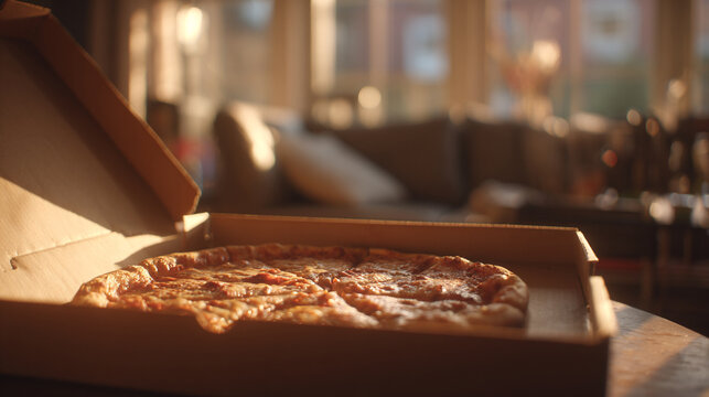 Freshly baked pizza in a cardboard delivery box on a table with warm golden hour lighting.