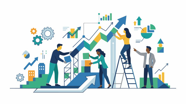 A colorful graphic depicting four people working together to construct a graph with various charts and graphs