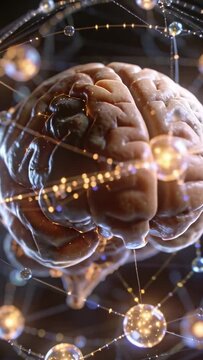 Vertical video: Camera pulling back revealing brain in 3D space to show glowing nodes pulsing
