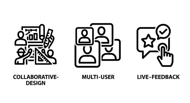 Team collaboration and creative workflow line icon set: design multi-user access live feedback with collaboration teamwork feedback business workflow management creative communication planning