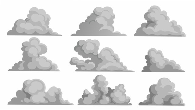 Nine grey cloud formations a vector illustration against a white background for atmospheric scenes cloudscape