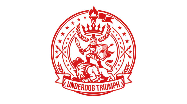 Spartan warrior with sword and shield over a defeated lion emblem
