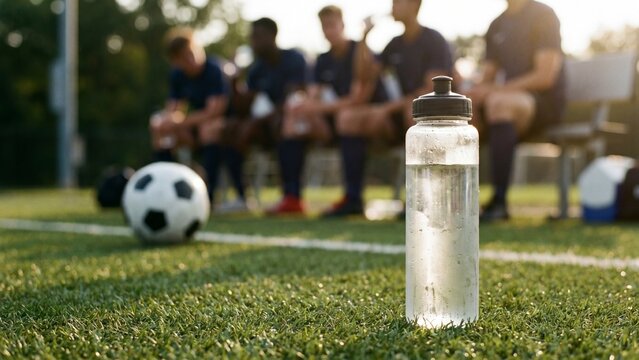 Close-up of a clear water bottle on a soccer field grass with a blurred team sitting on the bench in the background for design concept for a break drink after dehydration