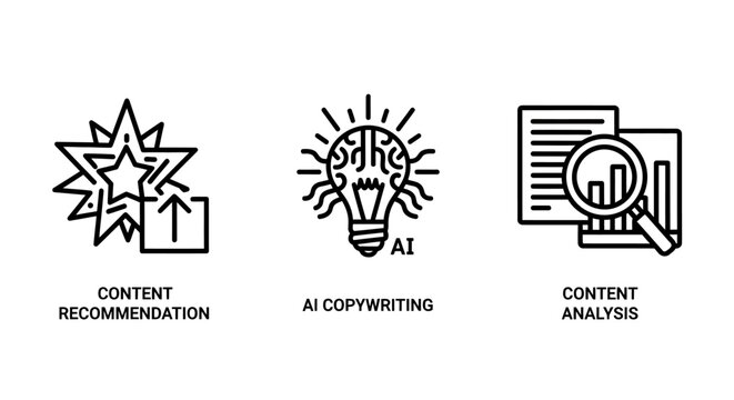 Content strategy icons representing recommendation engine AI copywriting and detailed content analysis with recommendation copywriting analysis artificial intelligence marketing strategy
