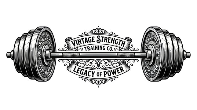 Vintage barbell with ornate banners for strength training branding