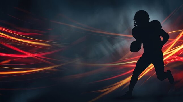 American football player silhouette running with ball on dynamic red and yellow streaks