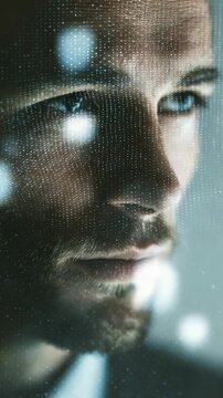 Close up portrait of a thoughtful man with digital grid overlay, symbolizing artificial intelligence and future technology. Futuristic concept with modern visual effects