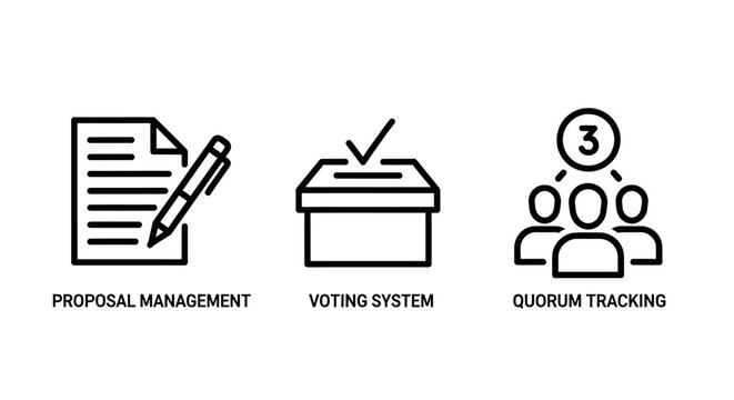 Corporate governance icons showing proposal management voting system quorum tracking for meetings proposal management tracking business governance document election decision corporate