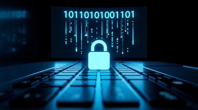 Glowing blue padlock on computer keyboard with binary code on screen