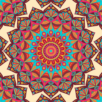 Colorful and Vibrant mandala pattern. Vintage ornament, intricate vector and dance floor design. Decorative elements, Festival, Indian, Turkish, Pakistan, ottoman motifs, prints, textile, backdrop.