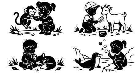 Obraz premium Cute kids and animals illustration set with girl playing with monkey boy brushing goat child petting fox and toddler blowing bubbles for seal