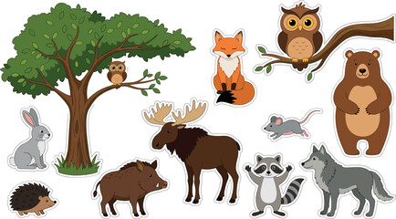 Fototapeta premium Cute woodland forest animal sticker set with tree bear fox owl moose wolf hedgehog and raccoon vectors
