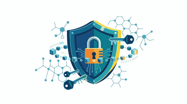 A shield with a padlock and keys surrounded by molecular structures and binary code