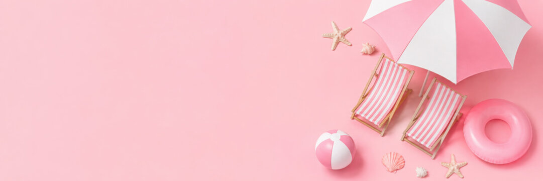 Top view Beach umbrella with chairs and beach accessories on pastel pink background. summer vacation concept. 3d rendering