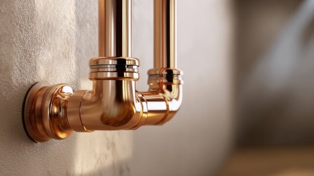 Elegant polished metallic copper plumbing pipe system installed on wall showcasing shiny smooth surfaces and precise engineering design in modern interior setting