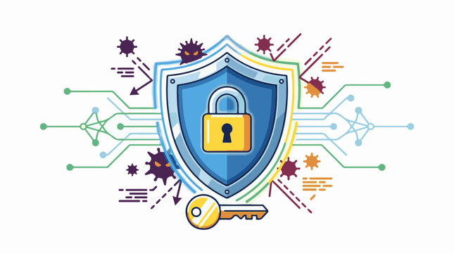 A shield with a padlock and key surrounded by circuit lines and viruses