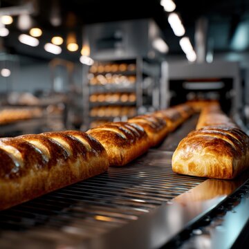 Freshly baked golden loaves of bread moving along an industrial conveyor belt in a modern commercial bakery with warm lighting and blurred background shelves