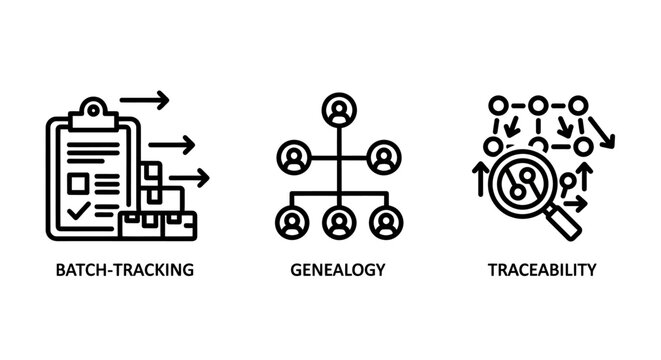 Batch tracking genealogy and traceability logistics icons set with logistics tracking genealogy traceability inventory management business shipping production organization relationship