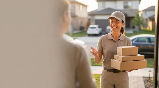 Celebrate National Postal Worker Day by appreciating a friendly Postal Worker and mail carriers delivering packages to a local residential home front door