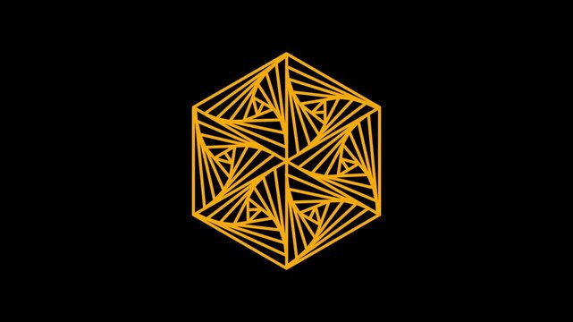 Golden hexagon spiral tunnel loop on black background. 4k motion graphics video with 25fps
