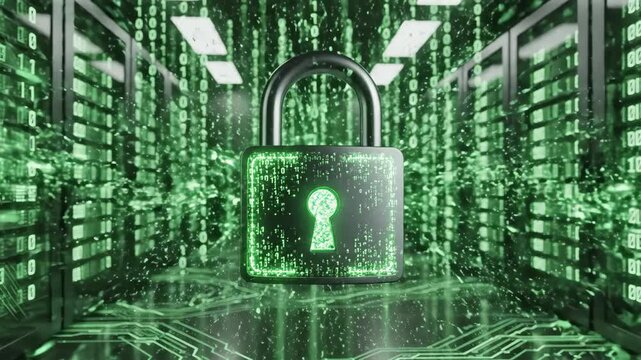 Digital Padlock Security in Server Room with Binary Code Data Flow.