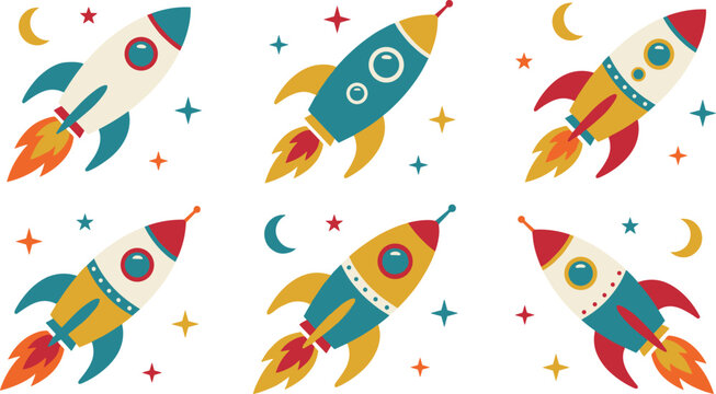 Cute Cartoon Space Rocket Ship Icon Set with Flying Spaceships Stars and Moon for Kids Nursery Birthday and Educational Graphic Designs