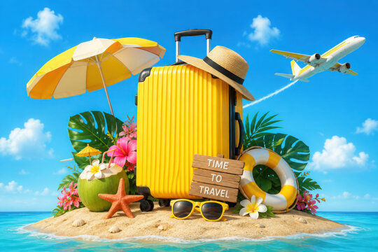 Air plane open luggage travel case with Starfish flower palm leaf sand beach element on blue sky and cloud background for summer tour concept vector illustration