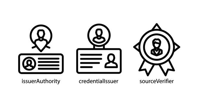 Digital identity verification and user authentication icons set with identity verification authentication credential authority security certificate management validation technology interface