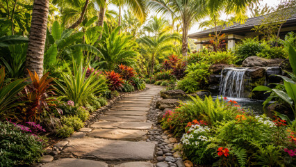 Fototapeta premium Lush backyard tropical garden with a stone pathway leading to a hidden retreat.