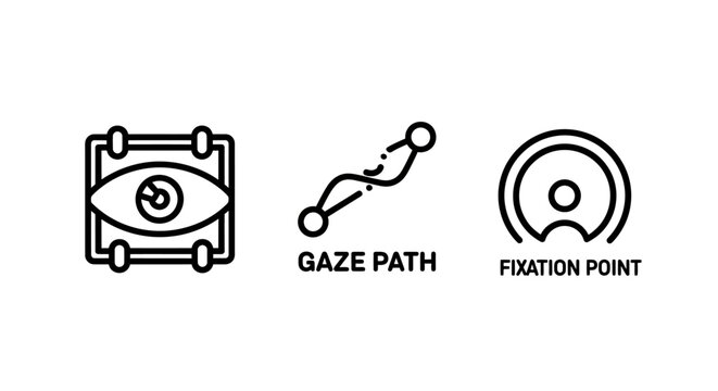 Eye tracking gaze path and fixation point research icons with tracking fixation research analysis technology experience biometrics observation interface behavior scanning measurement