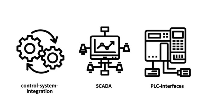 Industrial automation control system and scada network icons with automation industrial integration interface technology engineering manufacturing connectivity monitoring computer software