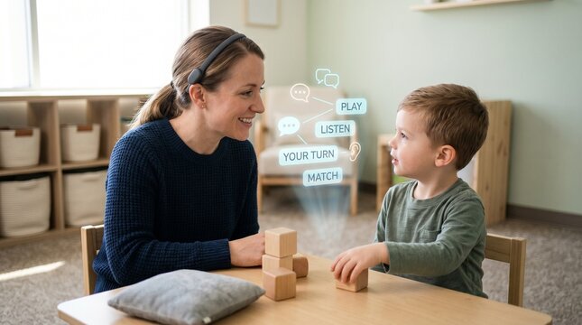 Family therapy communication scene with projected assistive language cues