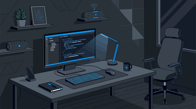 A person sits in an office chair at a desk with a computer and monitor.