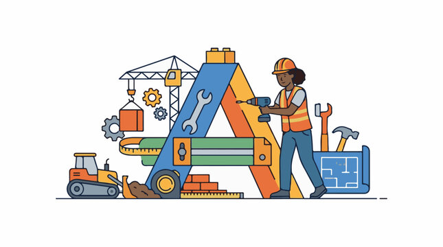 A construction worker in an orange vest and hard hat using a drill near large construction tools and equipment
