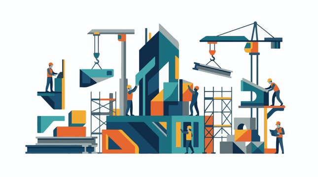 A colorful illustration of construction workers building a house with cranes and scaffolding