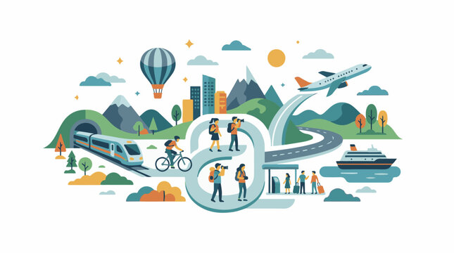 A vibrant illustration of various transportation modes and scenic landscapes