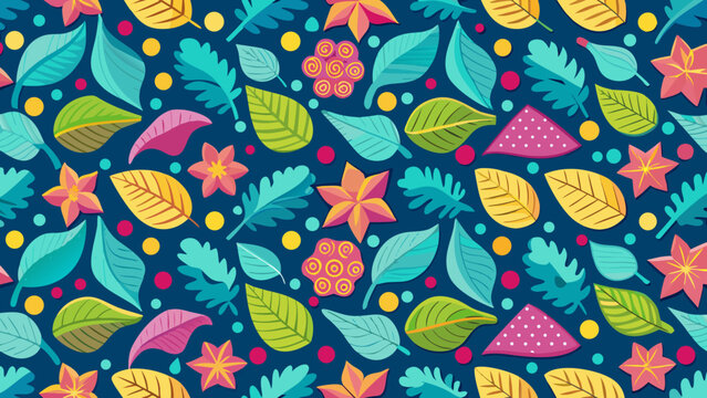 Colorful tropical botanical leaves and abstract shapes seamless pattern with botanical seamless tropical abstract background illustration colorful wallpaper wrapping creative decorative