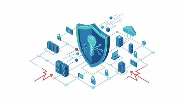A blue shield with a skeleton key icon protects various computer servers and devices