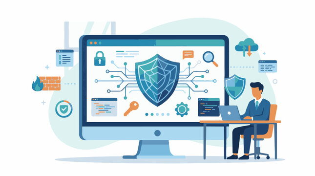 A man in a blue suit sits at a desk with a computer and laptop surrounded by security symbols