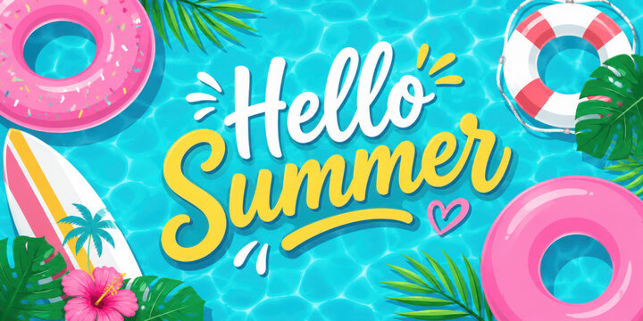 Summer vector background design. Hello summer text in swimming pool water with beach elements. Vector illustration tropical season greeting background.