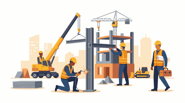 Construction site with workers and equipment building a structure