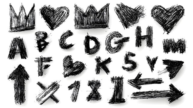 Black crayon scribbles, alphabet and numbers set. Charcoal scribble shapes and doodles, crown, hearts, pencil drawn bold arrows, emphasis shapes. Stock Vector