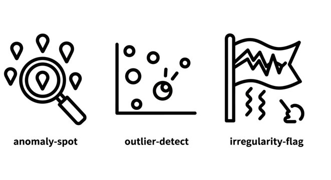 Data anomaly detection symbols showing outlier spot magnifying glass and irregularity flag icons for quality control with irregularity detection magnifying analysis identification monitoring