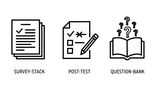Set of business research and education icons representing survey data collection post test evaluation question bank learning question education research business evaluation learning