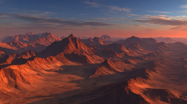 Expansive rugged mountain range stretches across a desolate landscape under a twilight sky.