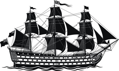 Classic 1700s vintage sailing ship vector illustration featuring a beautiful historic tall naval battleship vessel without messy details isolated on plain white background © MstNela